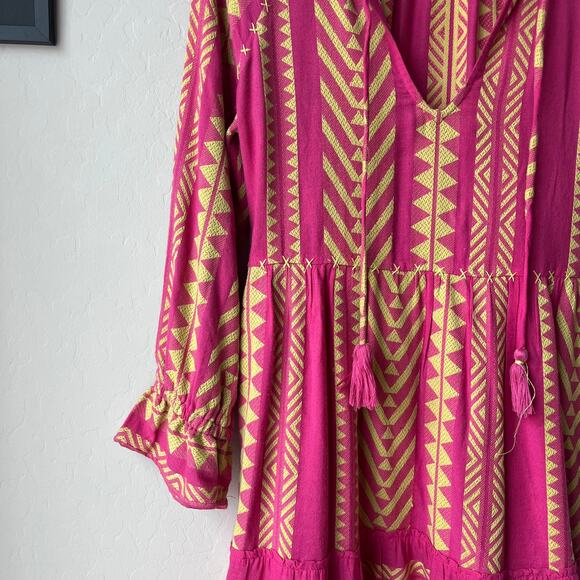 Anthropologie Maeve Dress Pink Yellow Geo Boho Print Tassel Tunic Mini Dress XS‎ - Picture 3 of 9